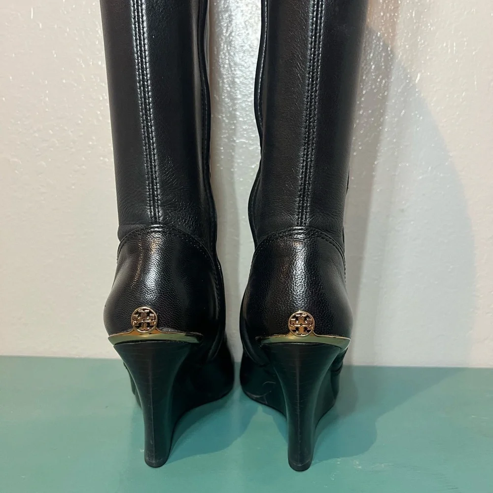 Tory Burch Black Over the Knee Boots with Gold Detail